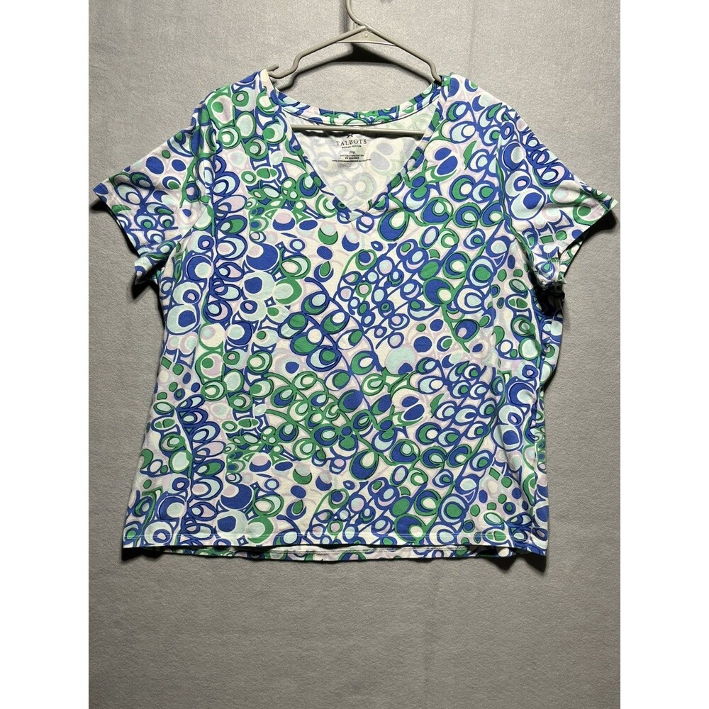 Talbots Woman Petites 2XP Blue Green Abstract Print V Neck T Shirt Cotton Blend